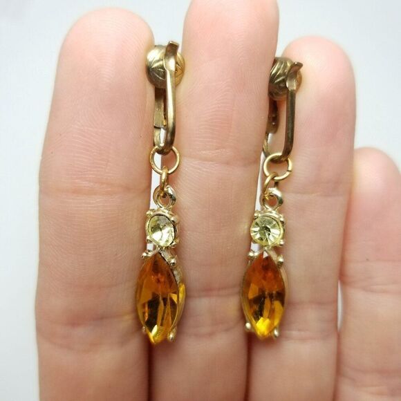 Vintage Orange Marquise Shape Rhinestone Dangle Clip On Earrings, Estate - Picture 5 of 6